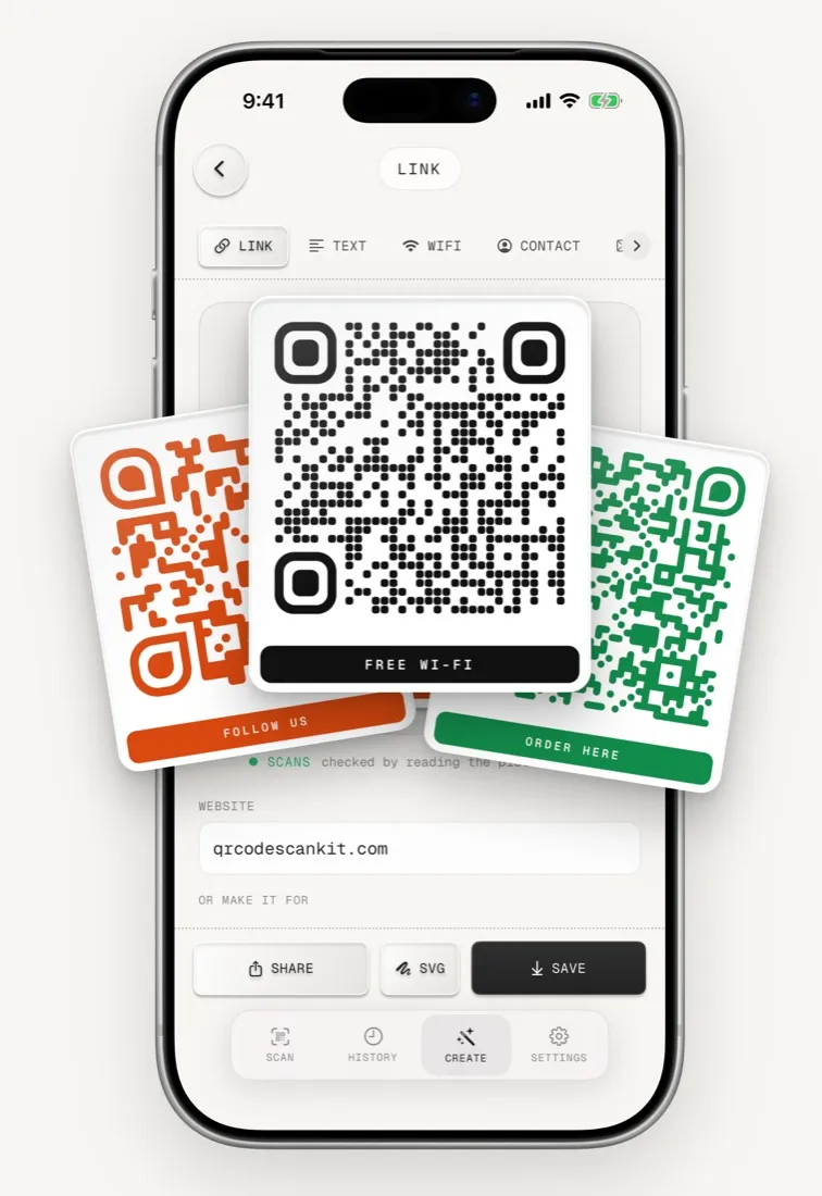 QR Code Scan Kit'teki QR kod oluşturucu; Wi-Fi, Instagram ve siparişler için markalı QR kodlar hazırlıyor