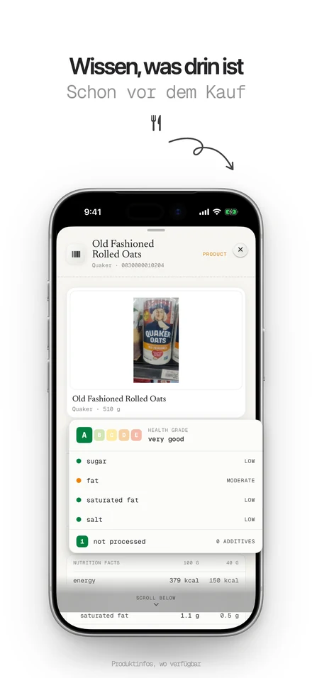 Lebensmittel-Barcode Scanner zeigt die Gesundheitsnote eines Produkts