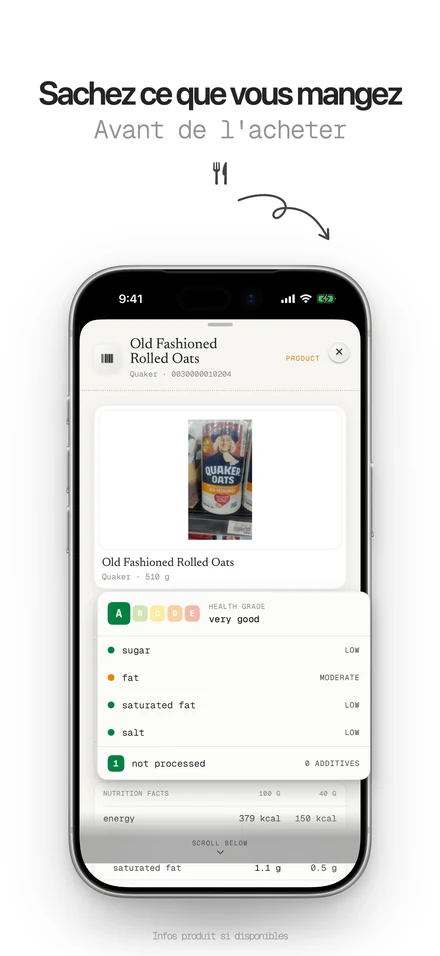 Lecteur de code-barres alimentaire avec la note santé d’un produit