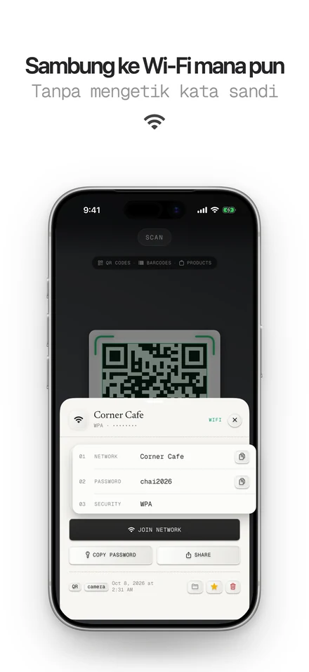 Memindai kode QR Wi-Fi untuk tersambung ke jaringan dengan sekali ketuk