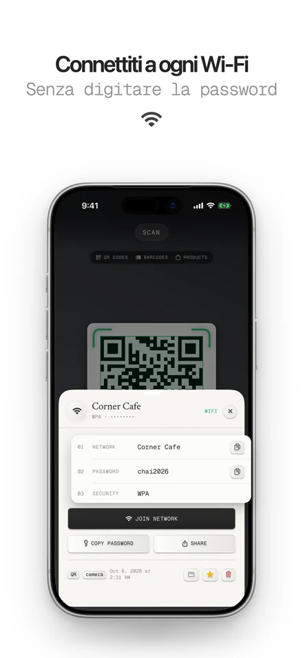 Scansione di un QR code del Wi-Fi per connettersi alla rete con un tocco