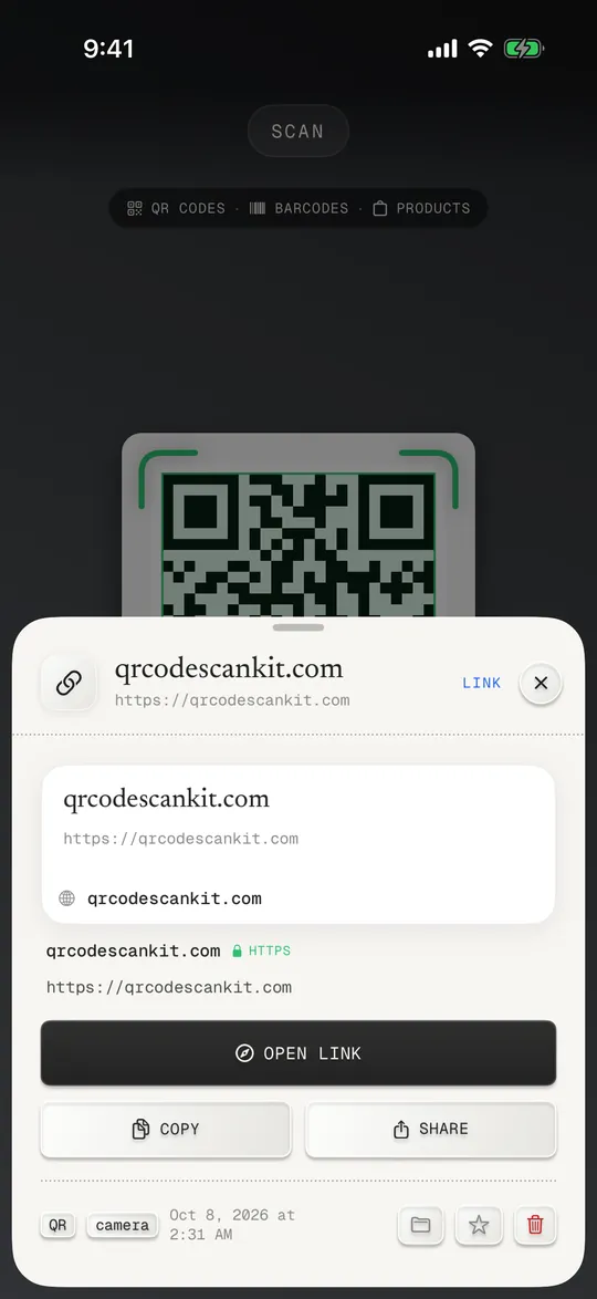 Okunan bir bağlantı: gerçek web adresi ve Bağlantıyı aç düğmesi