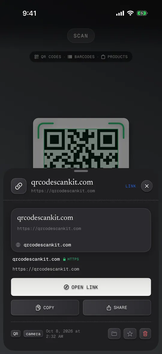 Okunan bir bağlantı: gerçek web adresi ve Bağlantıyı aç düğmesi