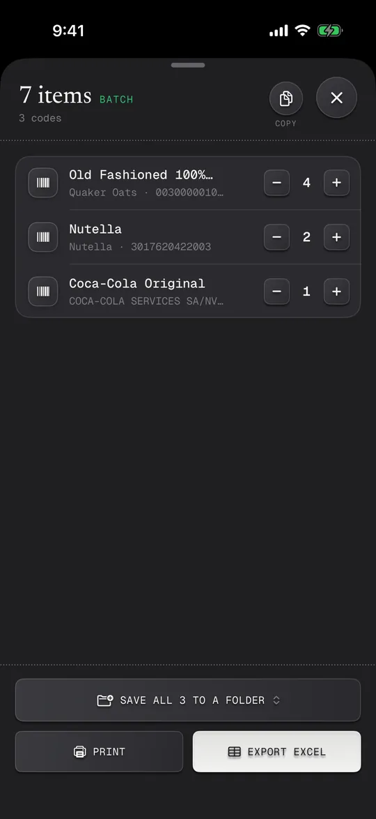 Adetleriyle toplu taranmış ürünler ve Excel'e aktar düğmesi